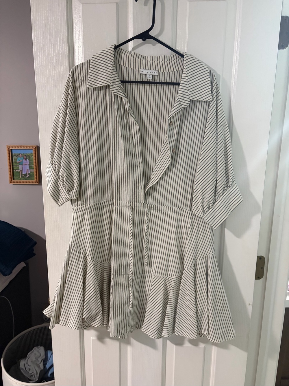 Striped Peplum Button-Front Dress - White/Black
